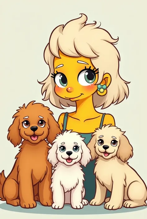 Simpson style drawing of a young woman with a large forehead and light hair, with 3 Lhasa Apso dogs
