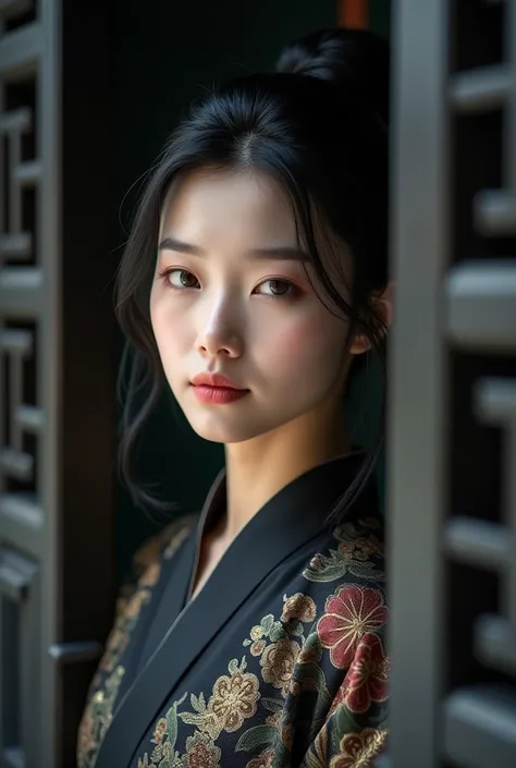 1 ,full body,extremely detailed face, beautiful detailed eyes,light on the face,cinematic lighting,looking at the viewer,outdoor,black hair,(black chinese architecture:0.05),Hanfu,