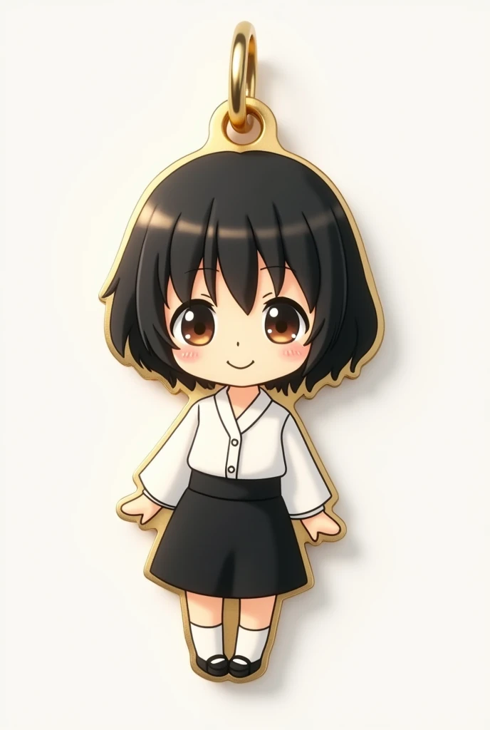 Traditional standard charm from the Vivara brand, of a chibi anime girl with black hair, white blouse, Black skirt, and brown eyes