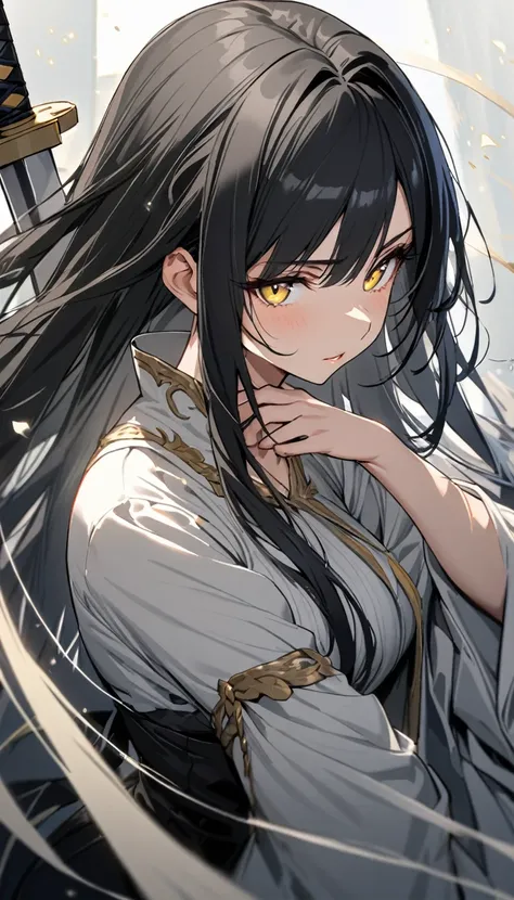 1 Beautiful woman, Long flowing black hair, black hair, yellow eyes, beautiful, high quality, sword, Gray scapula, 30 years old