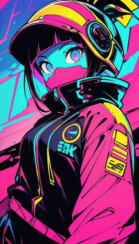 A robot eating delicious karinto　(high quality, 8k, 4K, high contrast, masterpiece:1.2, 最high quality, best aesthetics), (dynamic angle), ((1 female)), ((cyber punk)), ((flat color)), ((Colorful Art)),Helmet,riders jacket, looking at the viewer, Upper body...