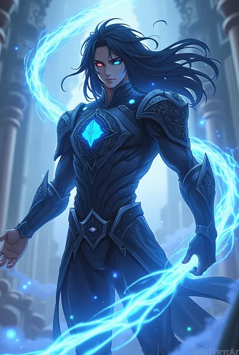 Gray-skinned man with blue and red eyes, long black hair with cosmic armor and a black gem on his chest and standing radiating power and a large whip of pure blue energy in his hand, anime style.
