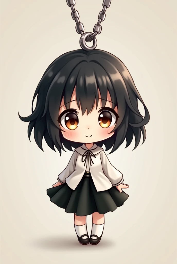 Traditional silver charm from the Vivara brand, of a chibi anime girl with big black hair, white blouse, Black skirt, and brown eyes