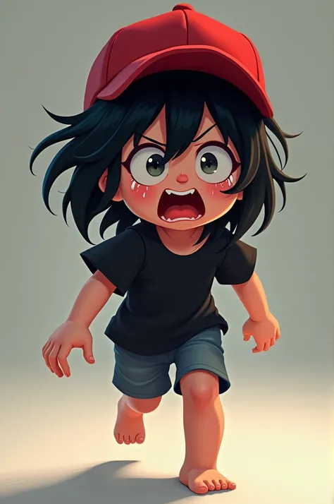 Let it be from Roblox, A girl with black hair, a red cap, wrinkled hair, the black shirt, the black shorts, without shoes, in a hurry, the face screaming and crying. Let it be from Roblox 