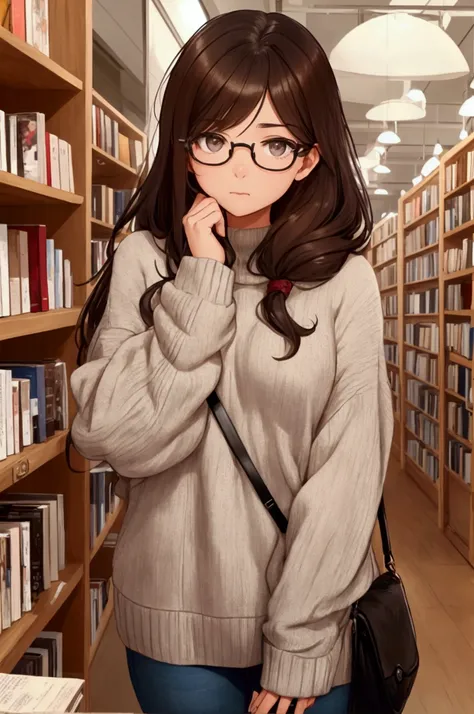 "Shy 1 girl with straight dark brown hair falling below her shoulders, soft gray eyes behind round glasses. She wears an oversized beige sweater, slim jeans, and ankle boots. Her posture is slightly slouched, giving a quiet, introspective vibe. She tucks h...