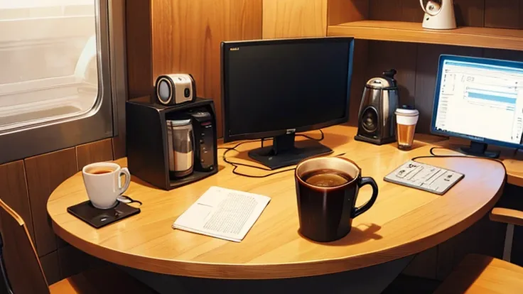 Coffee cup and headphones on a round desk