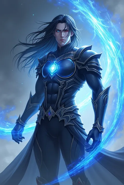 Gray-skinned man with blue and red eyes, long black hair with cosmic armor and a black gem on his chest and standing radiating power and a large whip of pure blue energy in his hand, anime style.
