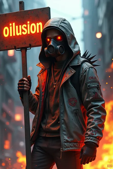 a gamer avatar, 3D style, on fire, holding a spiked sign with the text "OILUSION", wearing a graffiti jacket with a toxic gas mask, highly detailed, masterpiece, cinematic lighting, digital art, sharp focus, hyper-realistic, vibrant colors, dystopian, dram...