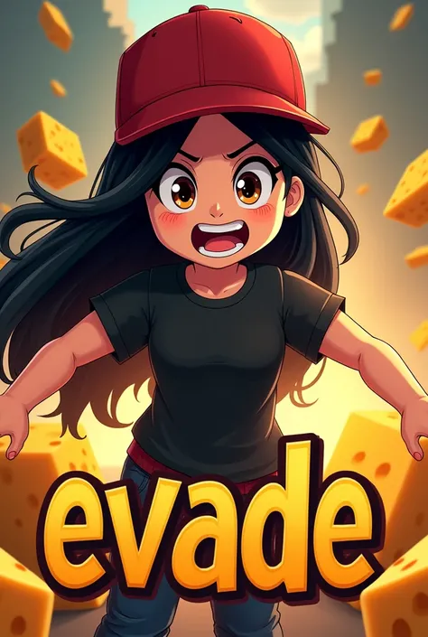 The character of Roblox, a girl with black hair down to her chest, with the red cap, with the black short-sleeved T-shirt, the angry face and the happy mouth closed, in the background all exprocion, the girl who is in a normal posture, looking towards ther...