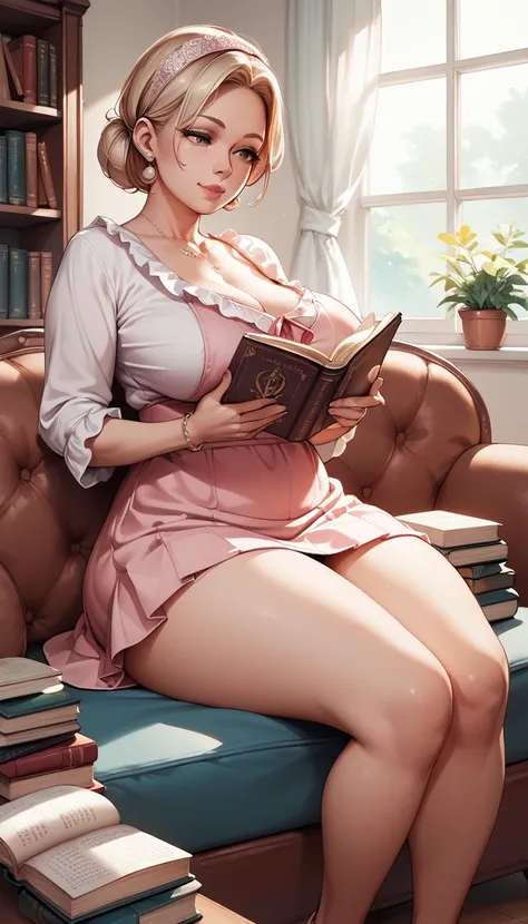 1 small shota boy ,1 mature woman, curvy, big ass, big boobs , sexy, wearing pink dress, reading a book , sitting on the couch, hentai, mom and son reading a book,