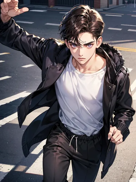 a boy with purple eyes. wavy short dark brown hair. cool, and handsome. he thin. he handsome. his hair wavy with side-parted hair. dominant type. Background in town. jogging. wear black jacket. Background in city. careful, happy