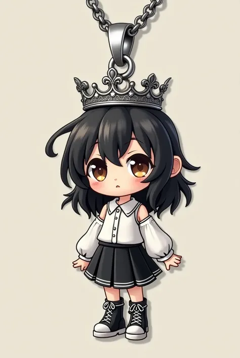 Traditional silver charm royal standard from the Vivara brand, of a chibi anime girl with big black hair, white half sleeve blouse, Black skirt, and brown eyes and black high-top boots