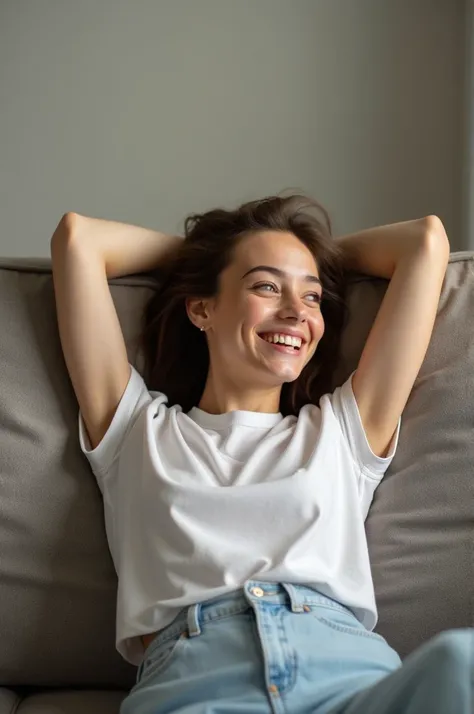 A relaxed and happy person lying on a sofa