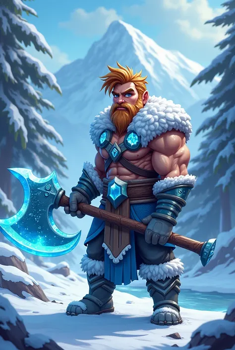 The theme is cartoony. A young but muscular male. Wears barbarian like armour. He is themes around ice, so his armour would be frosted and blue. He wields a magic battle axe, being carried in both his hands. The battle axe emits ice like magic. The backgro...