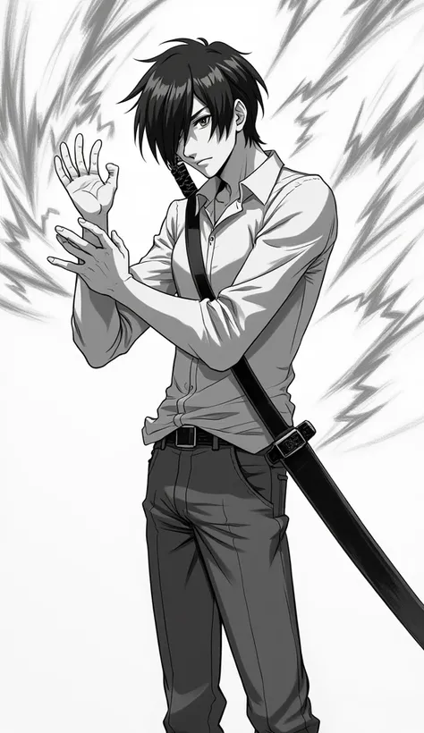 Black and white sketch of a 20 year old male anime character with a tall and thin body. He has a handsome Asian face with shoulder-length hair whose bangs partially cover his right eye. His eyes looked focused with a serious expression. This character wear...