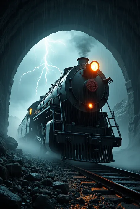 Create an image of a train coming out of a dark tunnel very fast and very scary, lightning and rain and it must be written on it, “Maua Express”