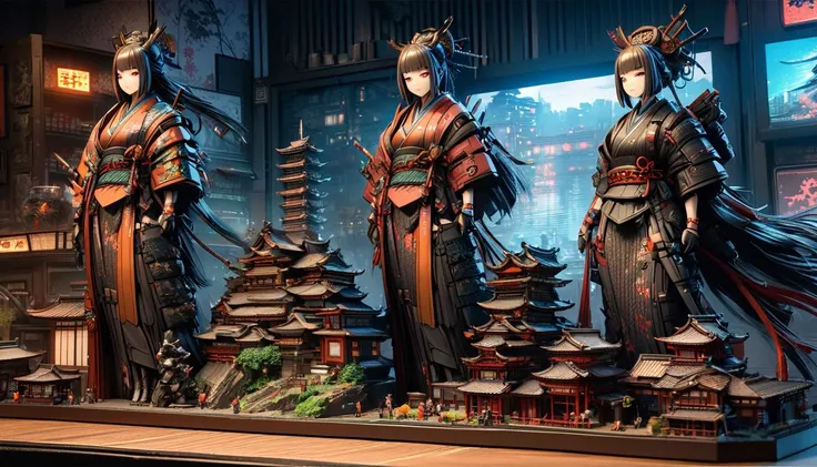 Future Japan, culture, samurai, geisha, sushi, Cyberpunk megacity streetscape, Intricate details, (masterpiece), (Best Quality), (Very detailed), so beautiful, figure, Perfect composition, Vaporware