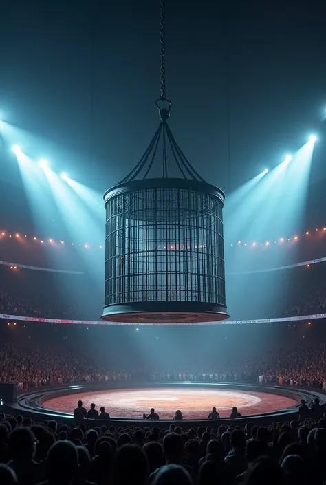 artwork best quality realistic image, giant cage hanging by chain above stage at a stadium show at night with lights with audience with details uhq details 8k realism