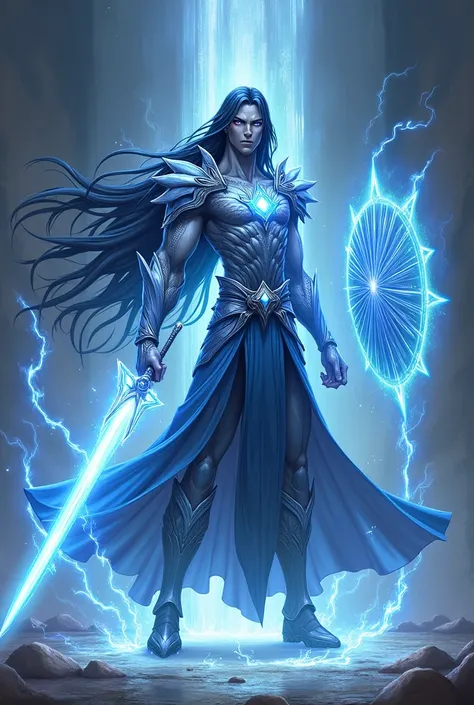 Gray-skinned man with blue and red eyes, long black hair with cosmic armor and a black gem on his chest and standing radiating power and with a large blue energy sword and a pure shield in his hand, anime style.
