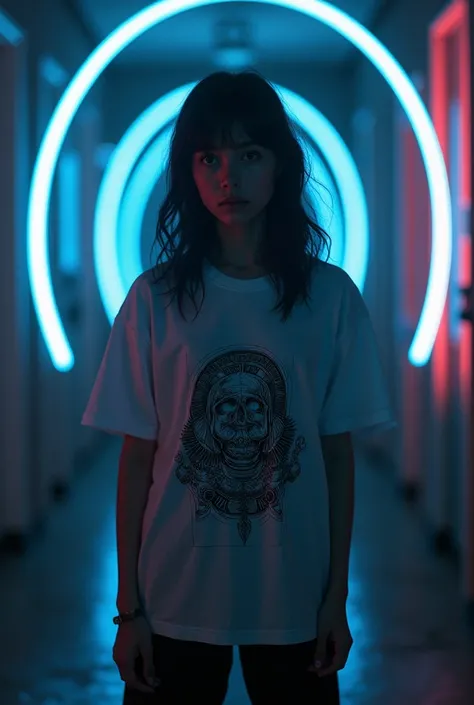 a girl in a dark room, standing with a melancholy expression, neon glowing waves surrounding her, highly detailed t-shirt design, inkpunk style, moody dramatic lighting, deep saturated colors, photorealistic, 8k, high resolution, extremely detailed, sharp ...