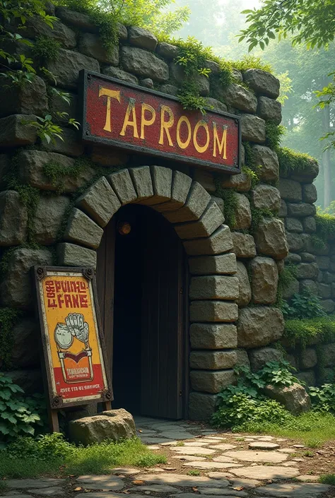 a taproom renowned for its excellent ale. A weathered signboard by the door of this very old large rock building shows the faded image of a hand holding a flagon of ale. In the abandoned town. In the forest. No roof