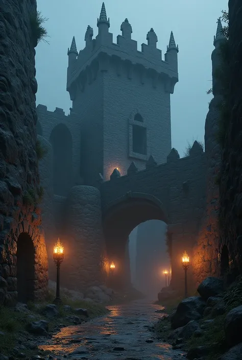 (dark castle, dark stones, haunting atmosphere, glowing torches, ultra-realistic 3D, volumetric lighting, intricate details, gritty textures, cinematic composition, dramatic lighting, moody color palette, epic scale, imposing architecture, ominous ambiance...