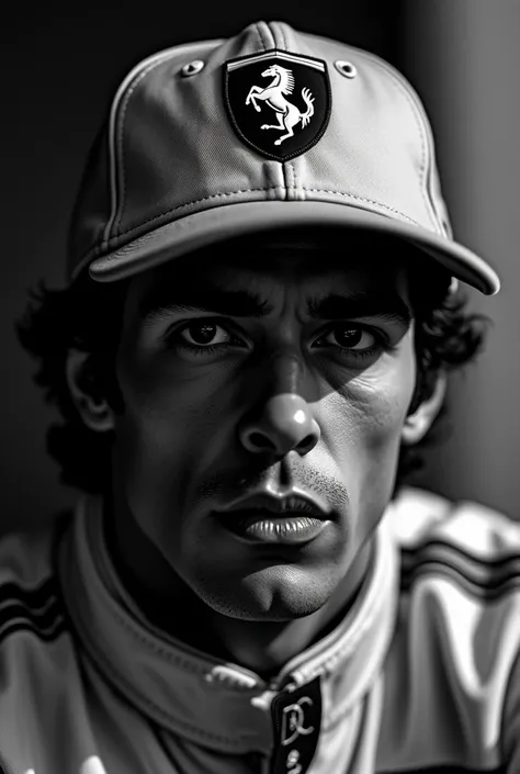 ayrton senna, black and white, with a ferrari cap
