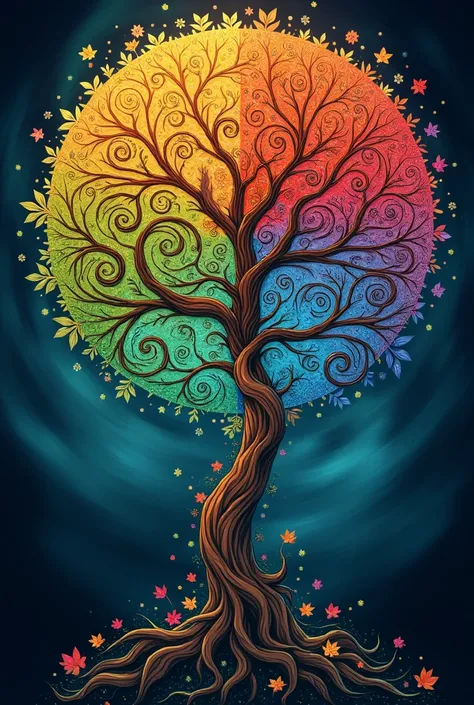 circular tree,four seasons,spring,summer,autumn,winter,leaves,roots,branches,trunk,ornate border,decorative,digital illustration,artwork,movement,time,swirling background,dark background,vibrant colors,natural,life cycle,growth,change,nature,life,peace,har...