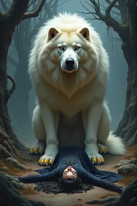 Tibetan Mastiff with white fur that ends in gold tips. Standing guard over a fallen, dark elf mage woman