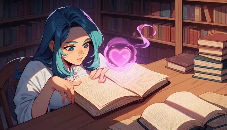 arafed woman reading a book in a library with a heart shaped book, reading the book about love, reading a book, reading new book, curled up on a book, dramatic reading spell book pose, open magic book glowing, brandon woelfel, beautiful lit, glowing with m...