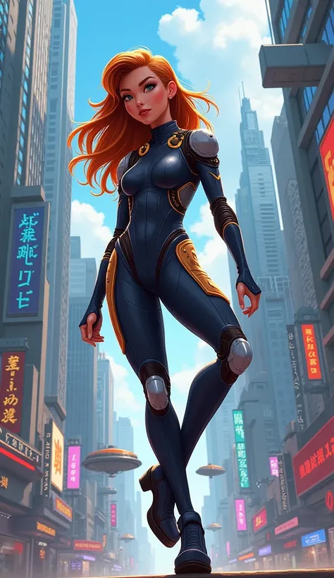 Disney style drawing of a female superhero in a cybernetic outfit in a city 