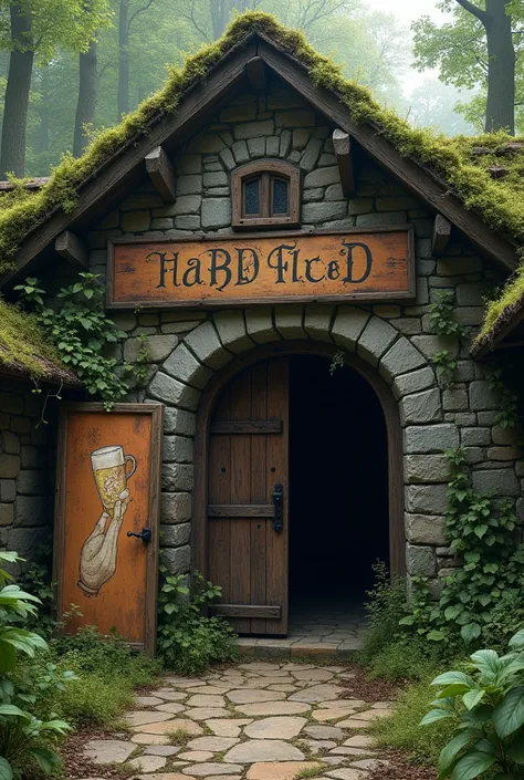 a taproom renowned for its excellent ale. A weathered signboard by the door of this very old large rock building shows the faded image of a hand holding a flagon of ale. In the abandoned town. In the forest. No roof