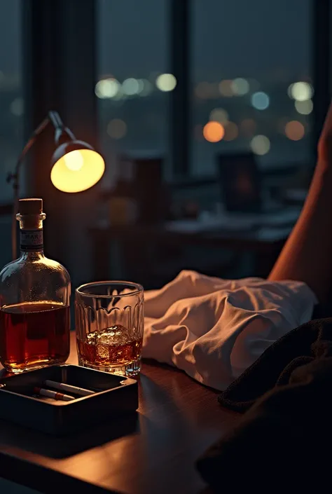 Bottle of whiskey and a glass with ice in a night office with lights next to an ashtray with a lit cigarette, with white blouse and sexy black skirt thrown to the side with a sexy hand

