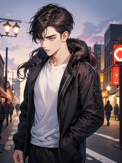 a boy with purple eyes. wavy short dark brown hair. cool, and handsome. he thin. he handsome. his hair wavy with side-parted hair. Background in town. jogging. wear black jacket. Background in city. careful, happy