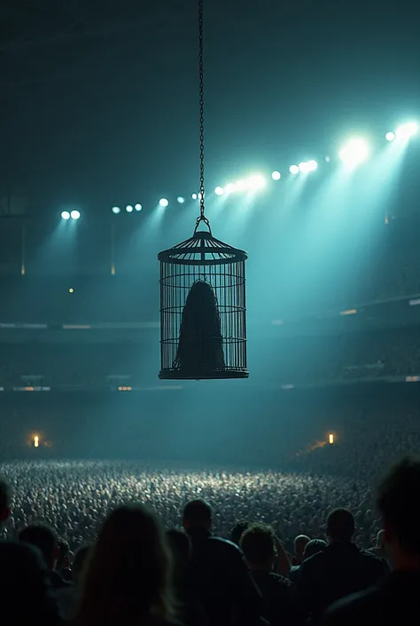 artwork best quality realistic image, cage hanging by chain above stage with someone inside seen from afar at a stadium show at night with lights with audience with details uhq details 8k realism