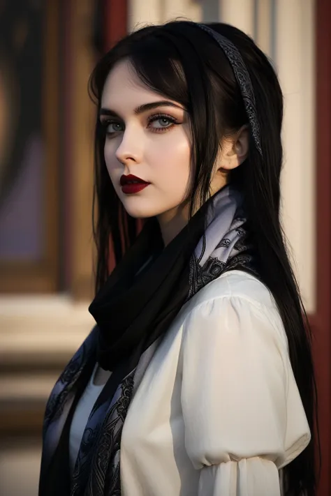 gothic style, portrait, realistic, at twilight, infinity scarf