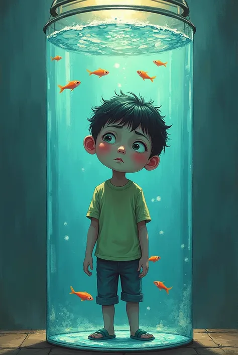 child with his head stuck in an aquarium full of fish. This child is sad and is a metaphor for life and the tiring daily routine.. Illustration in drawing. The child will be standing and only with the head inside..