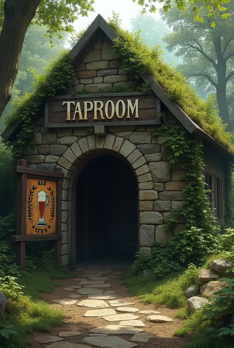 a taproom renowned for its excellent ale. A weathered signboard by the door of this very old large rock building shows the faded image of a hand holding a flagon of ale. In the abandoned town. In the forest. No roof