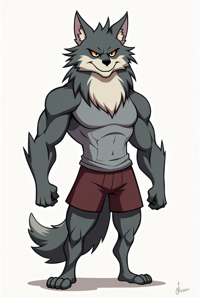 Very simple cartoony style with minimal shading. A grey wolf furry. Hes muscular in build. His fur is long and unkept. He wears a tight T-Shirt and short shorts. His eyes are brown, and his facial expression is rather aggressive. 