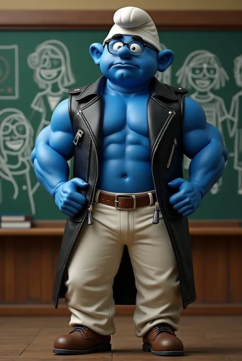 Muscular Philosopher Smurf, with glasses, black leather jacket and cream pants showing some young girls on the blackboard