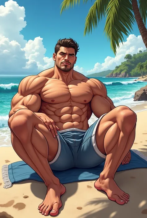 Gay bara man On the beach with anime style without panties Visible dick