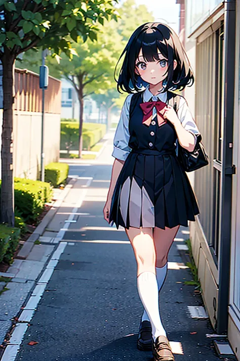 cute anime girl going on a walk holding walking cane, in school uniform, detailed portrait of anime girl, zerochan art, made with anime painter studio, soft anime illustration, portrait of lolita, pale young girl, blind, white eyes, black hair, neutral exp...