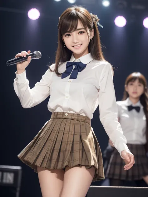 (最high quality)), ((masterpiece)),Perfect Face、Idol　woman　　Super cute　AKB48　　stage　Lapel microphone　Slanted eyes Smile　Shortcuts　College student style uniform　Tartan Check Pleated Skirt　mini skirt　hairpin　Small and soft breasts　Highly detailed eyes　Natural...