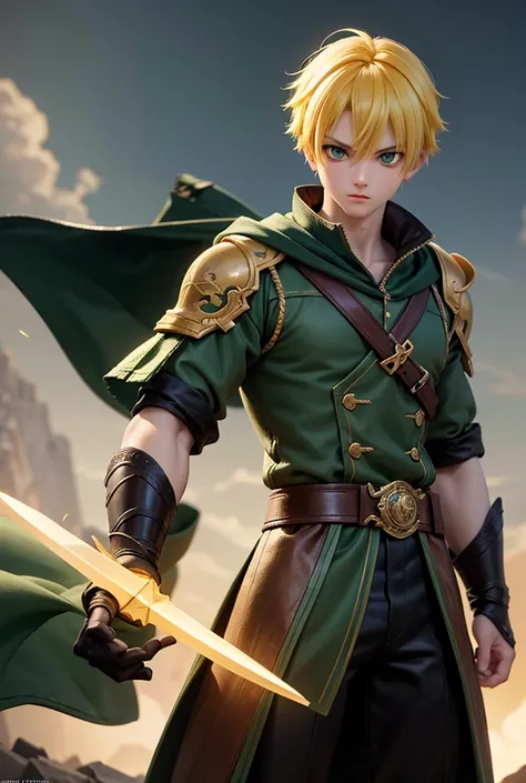 a  boy with yellow hair and green eyes, detailed facial features, swordsman, wind powers, epic fantasy, cinematic lighting, dramatic pose, dramatic shadows, highly detailed, 8k, hyper realistic, masterpiece, digital art, concept art, moody atmosphere, warm...