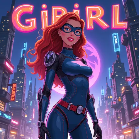 Disney style drawing of a female superhero in cybernetic gear in a city as a Disney movie poster with title "ciber grirl"