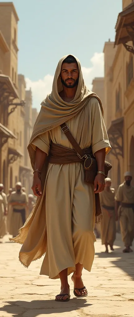 "Create a character of a man named Nabi Luth. He is 3, 170 cm tall, with an ideal build. His hair is short and black, and he has dark cocoa-colored eyes. He is set in an ancient Babylonian background, walking through a village wearing a cloth that partiall...