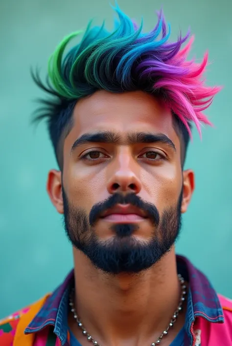 30-year-old Peruvian man with a clean-shaven beard and a very crazy, colorful haircut