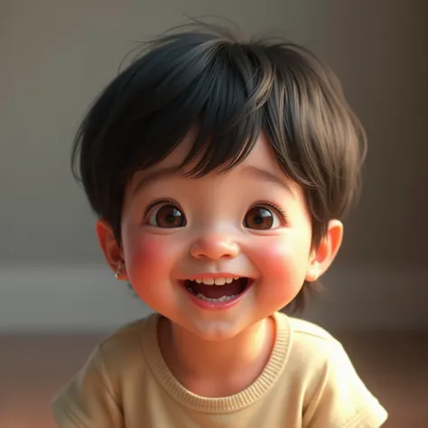 a smiling cute child,solo,high resolution,looking at viewer,laughing,short black hair,simple background,profile photo,brown eyes,(best quality,4k,8k,highres,masterpiece:1.2),ultra-detailed,(realistic,photorealistic,photo-realistic:1.37),HDR,UHD,studio ligh...