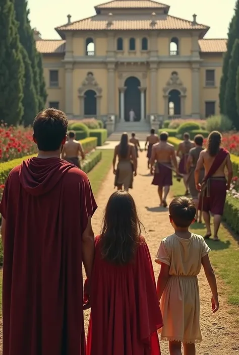 Roman family looking in terror at a group of barbarian warriors advancing towards their villa drawing