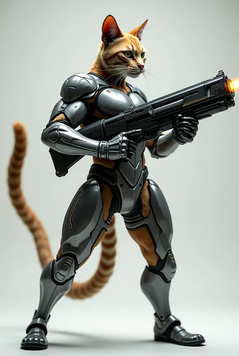 A muscle cat with a modern gun, using shining  war armor from the future (detail muscle) high quality photo, laser shoulder 